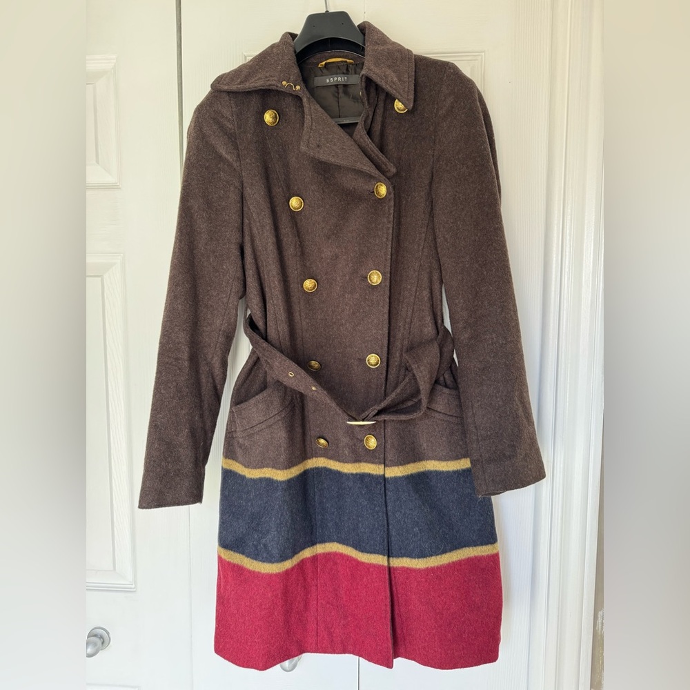 ESPRIT Wool Trench Coat with Red and Blue stripes and Gold Accents